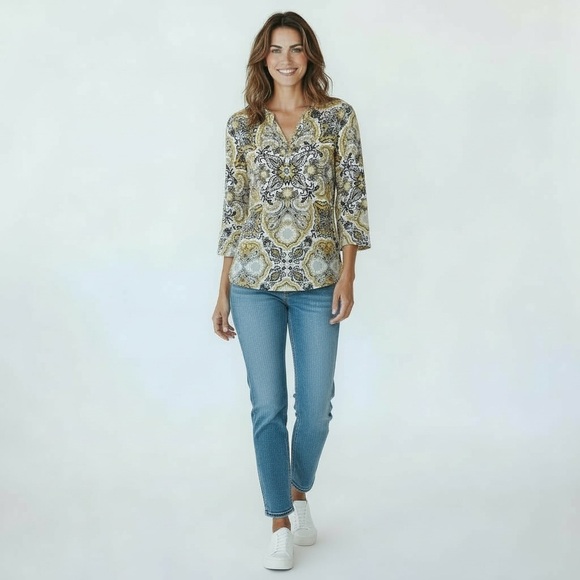 4/$24 Charter Club Mosaic Print Key Hole Yellow Black and‎ White Blouse - Picture 2 of 9